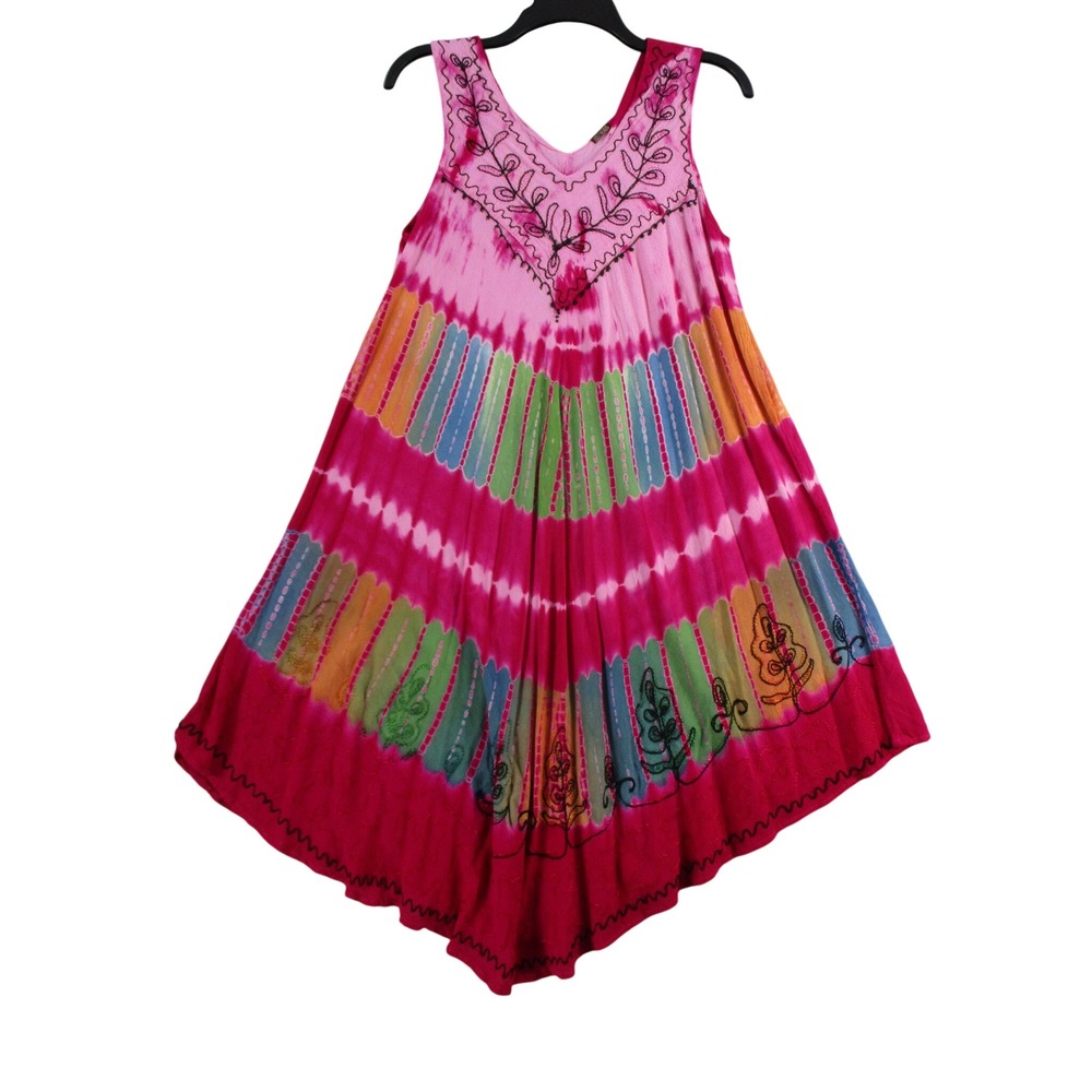 Boho Tie Dye Handkerchief Hem Dress Pink Multicolor Embroidered Sleeveless Free